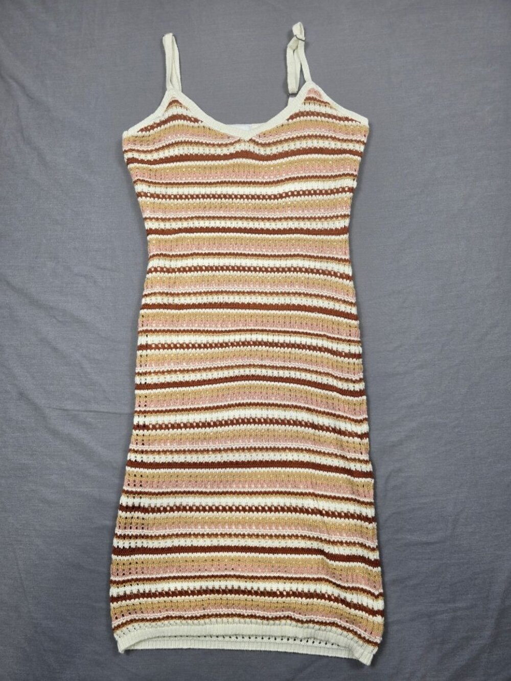 Medium Striped Beige & Brown Crochet Knit Midi Bodycon Dress Pink Rose